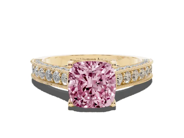 Fancy Pink Cushion Cut Cut Diamond Solitaire Ring with Milgrain Pave Band and Four Prong Setting Yellow gold