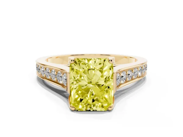 Fancy Yellow Radiant Cut Brilliant Cut Diamond Engagement Ring with Pavé Band and Four-Prong Setting Yellow gold