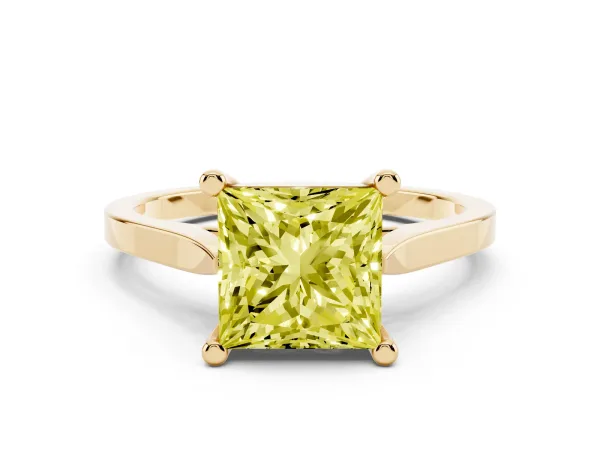 Fancy Yellow Princess Cut Solitaire Diamond Ring with Four-Prong Setting and Tapered Band Yellow gold