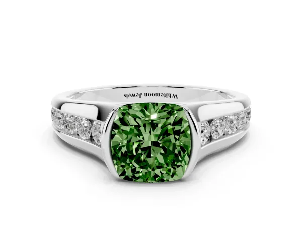 Fancy Green Cushion Cut Solitaire Bezel-Set Diamond Ring with Channel-Set Band White gold