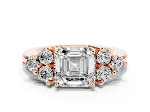 Asscher Cut Brilliant Diamond Cluster Accent Solitaire Ring with Prong Setting Rose gold