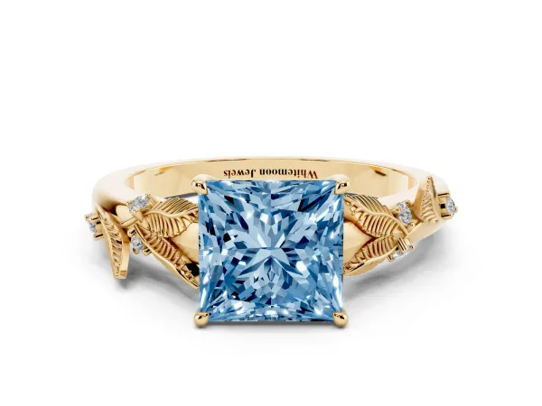 Fancy Blue Princess Cut Diamond Solitaire Ring with Leaf Motif Band and Four-Prong Setting Yellow gold