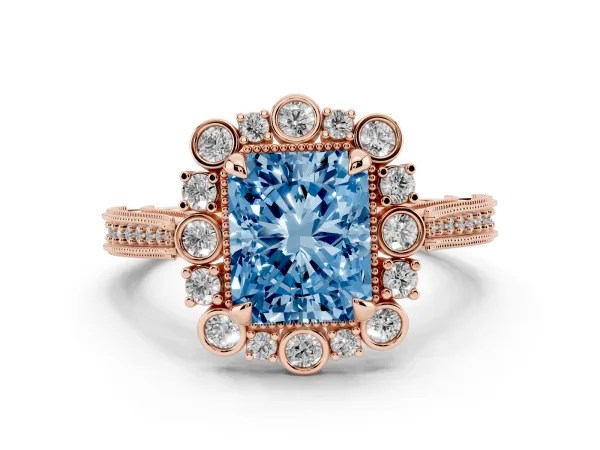 Fancy Blue Radiant Cut Halo Milgrain Pave Diamond Ring with Four-Prong Setting Rose gold
