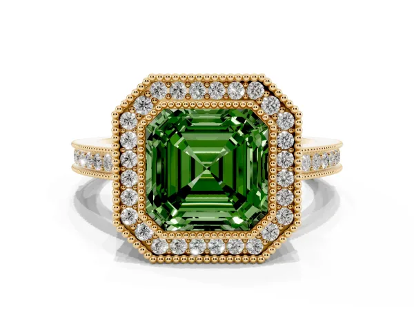 Fancy Green Asscher Cut Cut Halo Diamond Ring with Pavé Band and Milgrain Prong Setting Yellow gold