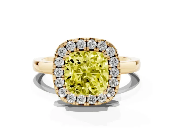 Fancy Yellow Cushion Cut Halo Diamond Solitaire with Pavé Band and Four-Prong Setting Yellow gold