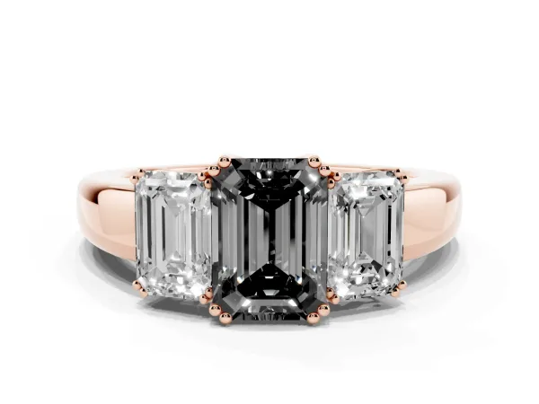 Fancy Black Three-Stone Emerald Cut Cut Diamond Ring with Channel Set Band and Four-Prong Setting Rose gold