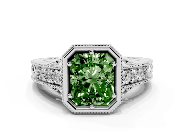 Fancy Green Bezel Set Radiant Cut Diamond Milgrain Pave Engagement Ring Platinum
