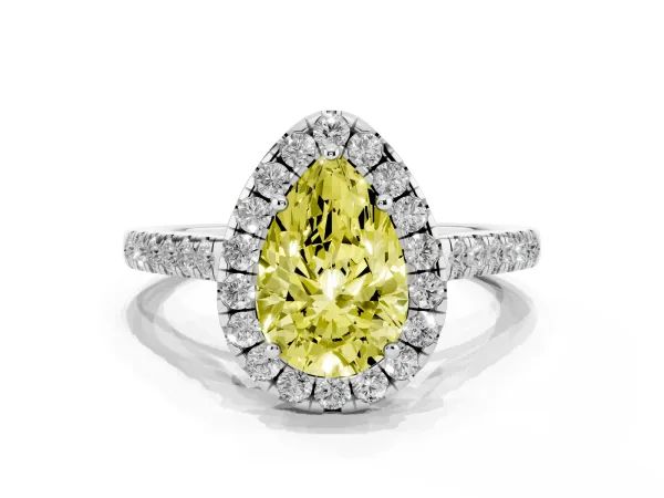 Fancy Yellow Pear Cut Halo Pave Diamond Engagement Ring with Four-Prong Setting White gold