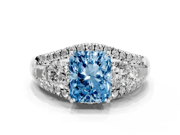 Fancy Blue Three-Stone Radiant Cut Diamond Engagement Ring with Pave Band and Prong Setting White gold