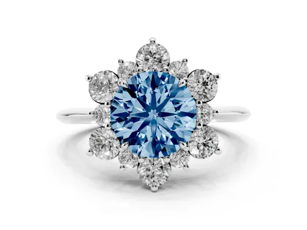 Fancy Blue Round Cut Diamond Cluster Halo Ring with Solitaire Band and Four-Prong Setting Platinum