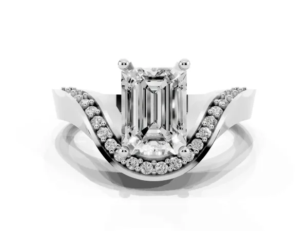 Emerald Cut Solitaire Diamond Engagement Ring with Pave Band and Four-Prong Setting White gold
