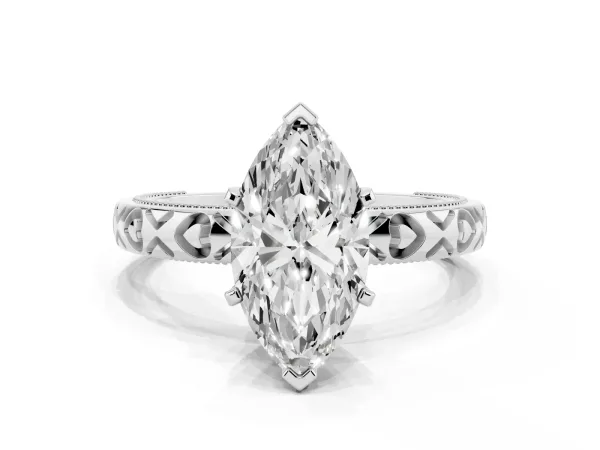 Marquise Cut Solitaire Diamond Engagement Ring with XO Engraved Band and Four-Prong Setting Platinum