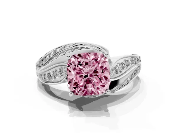 Fancy Pink Cushion Cut Diamond Solitaire Ring with Prong Setting and Twisted Pavé Band Platinum