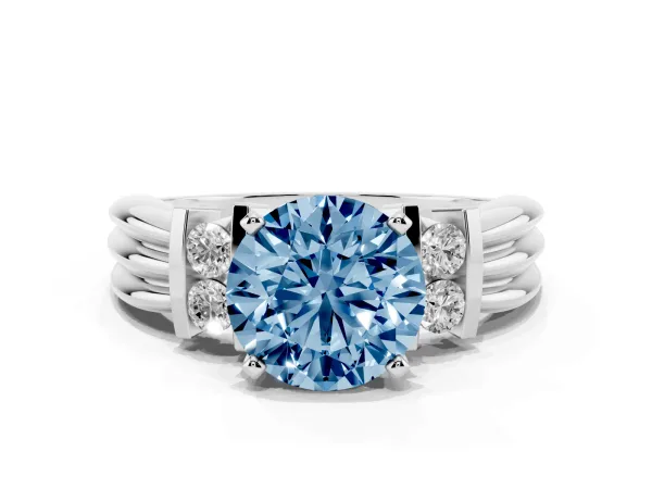 Fancy Blue Round Cut Cut Three-Stone Channel Set Ring with Bar Prongs Platinum
