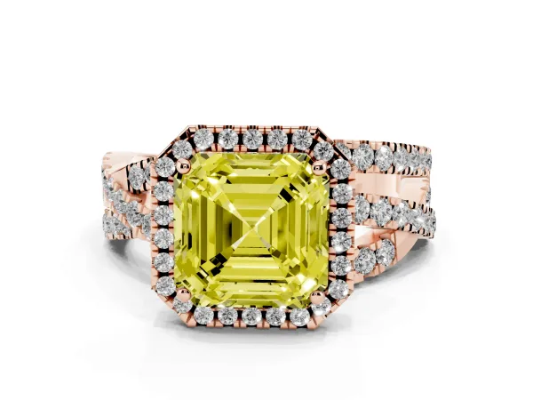 Fancy Yellow Asscher Cut Diamond Halo Ring with Round Split Shank and Prong Setting Rose gold