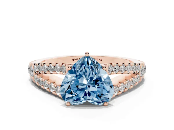 Fancy Blue Heart Cut Diamond Split Shank Engagement Ring with Round Pavé and Prong Setting Rose gold