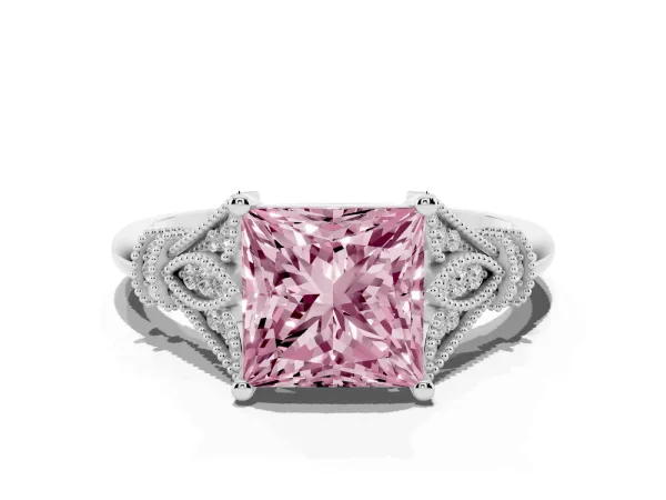 Fancy Pink Princess Cut Diamond Solitaire Ring with Floral Filigree and Pave Accents Platinum