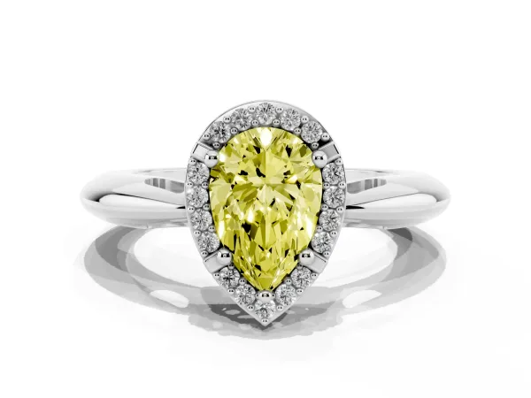 Fancy Yellow Pear Cut Cut Diamond Halo Engagement Ring with Split Shank and Four-Prong Setting Platinum
