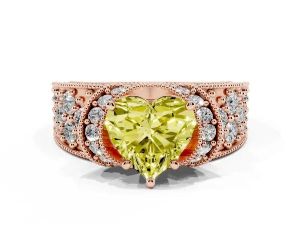 Fancy Yellow Heart Cut Halo Pave Diamond Engagement Ring with Milgrain Detailing Rose gold