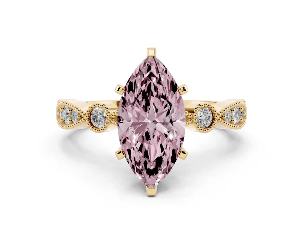 Fancy Pink Marquise Cut Milgrain Bezel Diamond Engagement Ring with Solitaire Prong Setting Yellow gold