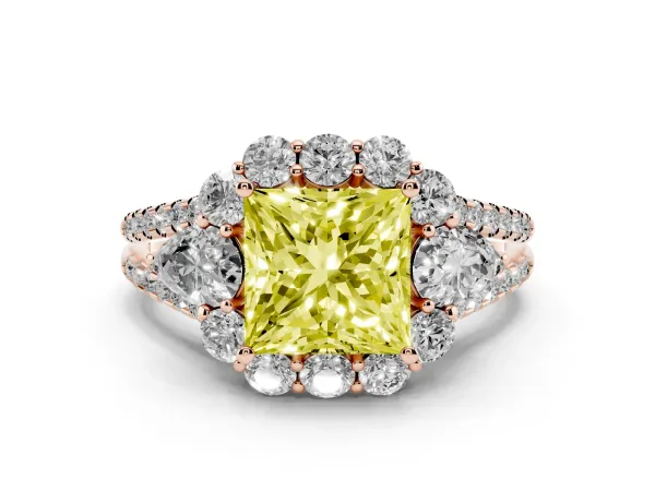 Fancy Yellow Princess Cut Halo Split Shank Diamond Engagement Ring with Prong Setting Rose gold