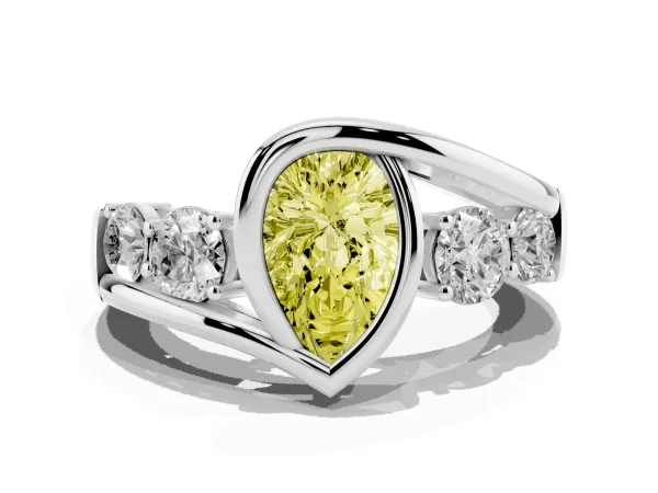 Fancy Yellow Bezel Set Pear Cut Diamond Bypass Ring with Round Accents White gold