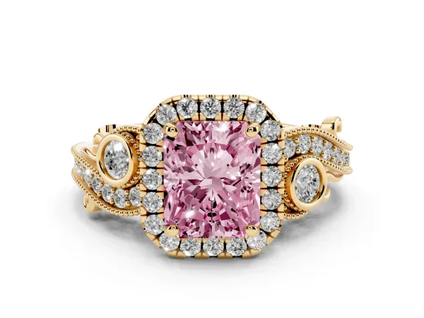 Fancy Pink Radiant Cut Halo Diamond Ring with Milgrain and Bezel Accents on a Split Shank Band Yellow gold
