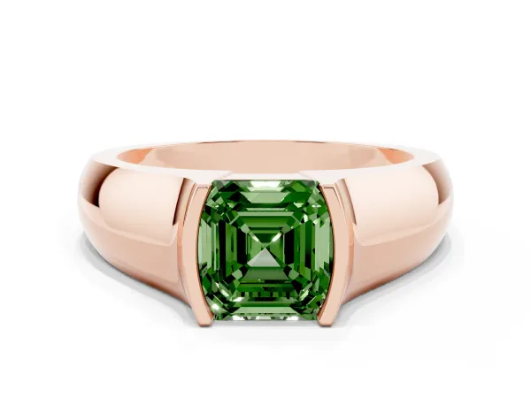 Fancy Green Asscher Cut Solitaire Bezel Set Diamond Ring with Wide Band Rose gold