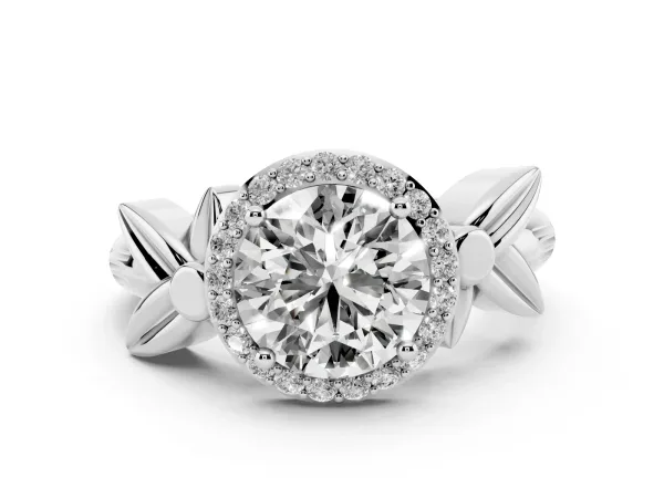 Round Cut Halo Diamond Floral Band with Four-Prong Setting White gold