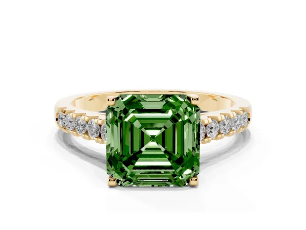 Fancy Green Asscher Cut Diamond Pavé Band Solitaire Ring with Prong Setting Yellow gold
