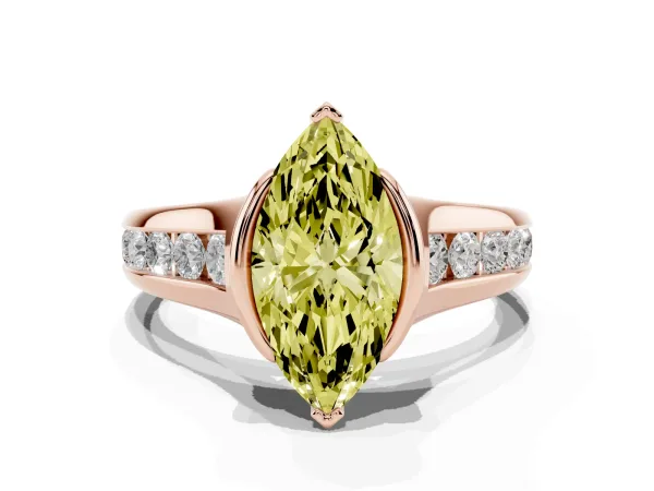 Fancy Yellow Marquise Cut Solitaire Bezel-Set Diamond Ring with Channel-Set Band Rose gold
