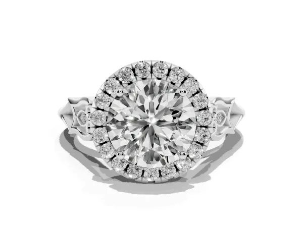 Round Cut Halo Diamond Engagement Ring with Filigree Band and Four-Prong Setting Platinum