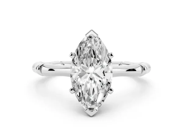 Marquise Cut Solitaire Diamond Ring with Bamboo Band and Four-Prong Setting White gold