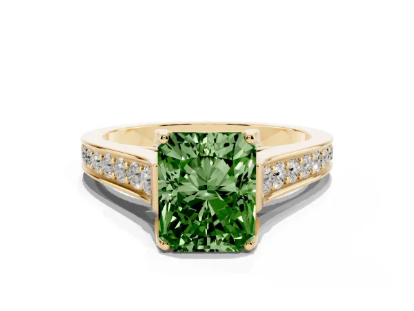 Fancy Green Radiant Cut Brilliant Cut Diamond Engagement Ring with Pavé Band and Four-Prong Setting Yellow gold