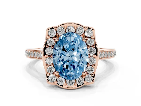 Fancy Blue Oval Cut Halo Round Diamond Pave Band with Four-Prong Setting Rose gold