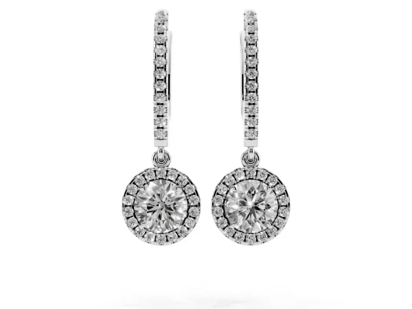 Round Cut Diamond Halo Drop Earrings with Pavé Hoop Platinum
