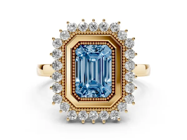Fancy Blue Emerald Cut Halo Diamond Ring with Milgrain Edge and Round Prong Setting Yellow gold