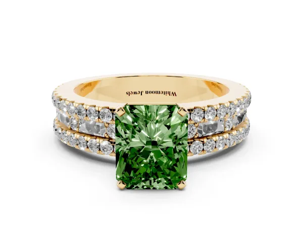 Fancy Green Radiant Cut Diamond Solitaire Ring with Pavé and Channel Set Band Yellow gold