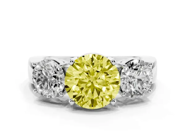 Fancy Yellow Three-Stone Round Cut Diamond Ring with Round Side Stones, Classic Band, and Four-Prong Setting Platinum