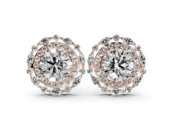 Round Diamond Double Halo Stud Earrings with Prong Setting Rose gold