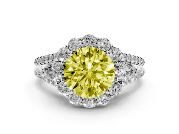 Fancy Yellow Round Cut Halo Split Shank Diamond Engagement Ring with Prong Setting Platinum