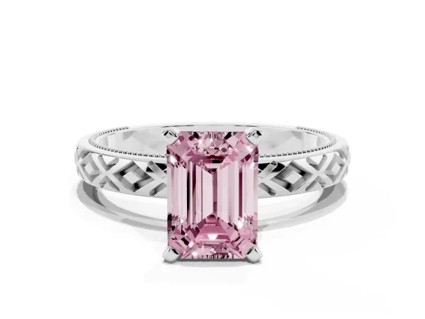 Fancy Pink Emerald Cut Solitaire Diamond Ring with Milgrain and Black Enamel X Pattern Band White gold