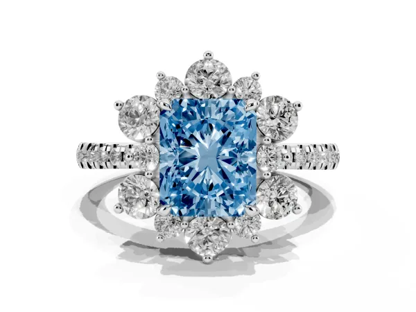 Fancy Blue Radiant Cut Diamond Floral Halo Ring with Round Pavé Band and Prong Setting White gold