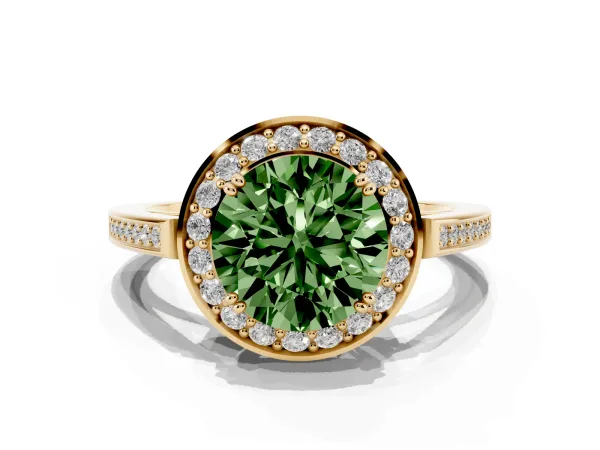 Fancy Green Round Cut Diamond Halo Ring with Split Shank and Four-Prong Setting Yellow gold