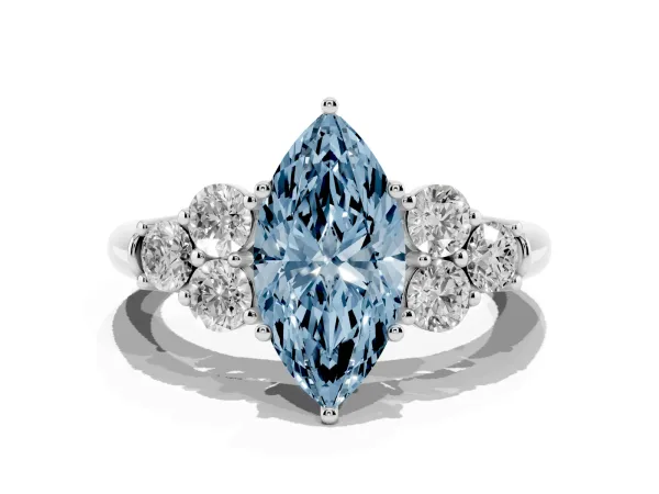 Fancy Blue Marquise Cut Cut Diamond Cluster Ring with Round Accent Stones and Prong Setting on a Classic Band Platinum
