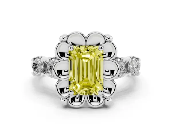 Fancy Yellow Emerald Cut Cut Diamond Floral Halo Engagement Ring with Shared Prong Setting Platinum