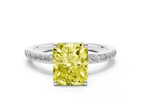 Fancy Yellow Radiant Cut Cut Diamond Pavé Band Ring with Four-Prong Setting Platinum
