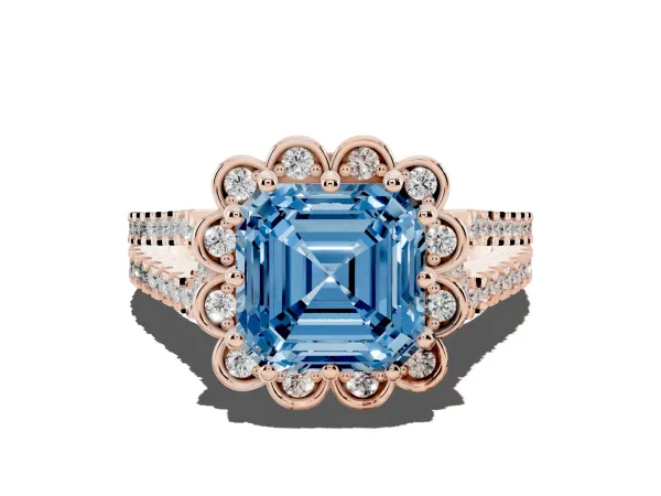 Fancy Blue Asscher Cut Halo Diamond Floral Split Shank Engagement Ring Rose gold
