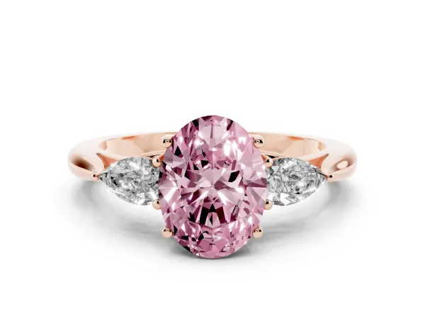 Fancy Pink Oval Cut Diamond Three-Stone Ring with Pear Side Stones and Prong Setting Rose gold