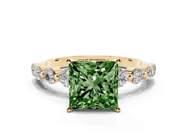 Fancy Green Princess Cut Solitaire Diamond Ring with Pave Band and Four-Prong Setting Yellow gold
